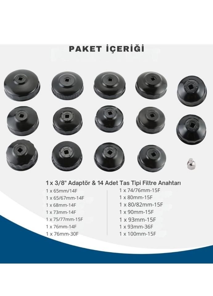 15 Parça Metal Filtre Sökme Takma Tas Seti NTA1014