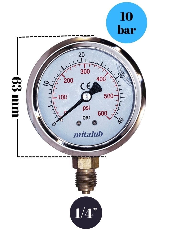 10 Bar Gliserinli Paslanmaz Alttan Çıkışlı Manometre MIGP6310B