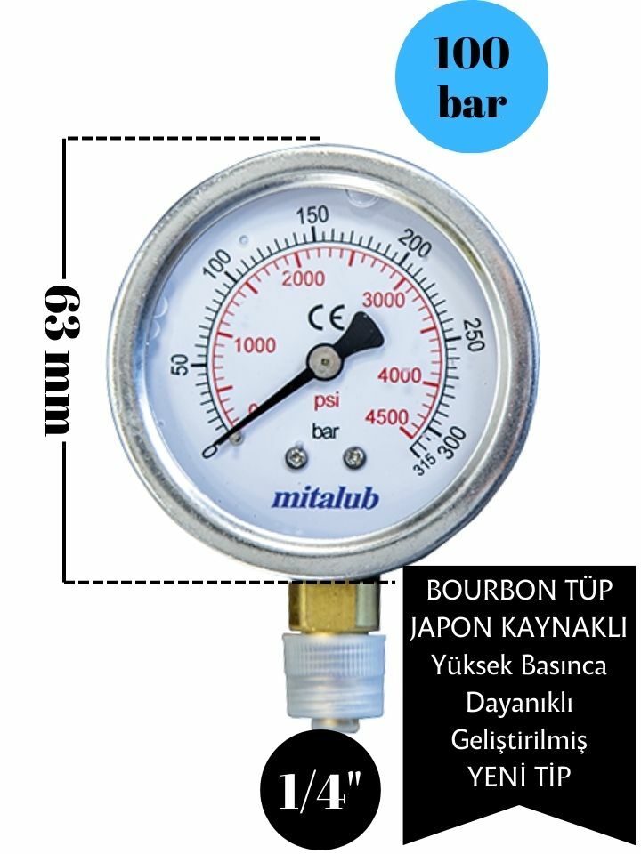 100 Bar Bourbon Tüp Japon Kaynaklı Alttan Çıkışlı Manometre MIGPJ63100B