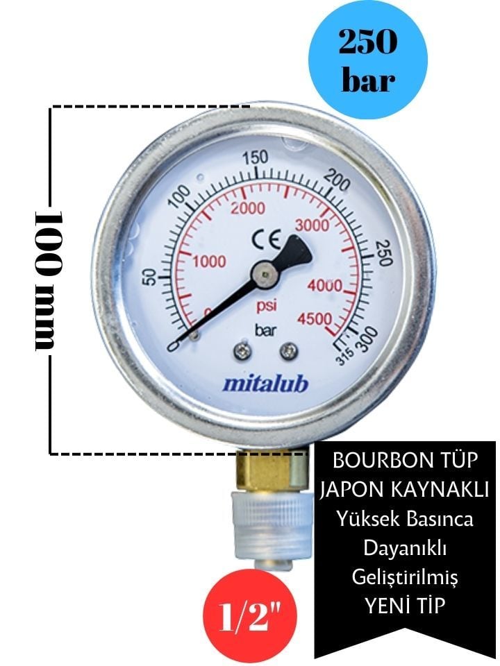 250 Bar Bourbon Tüp Japon Kaynaklı Alttan Çıkışlı Manometre MIGPJ10250B