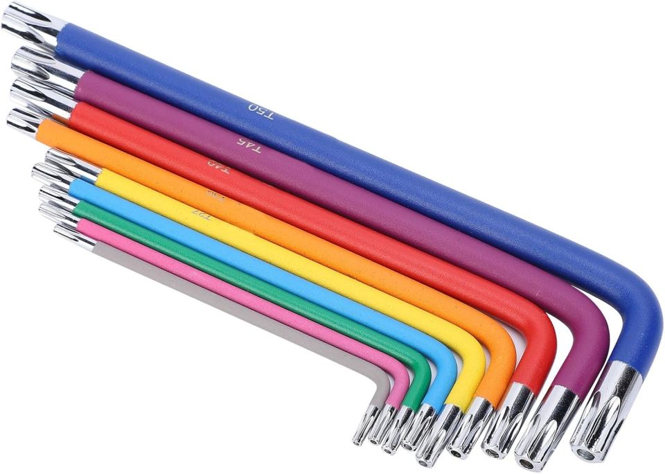 9 Parça Renkli Delikli L Torx Seti Kısa Boy (T10 - T15 - T20 - T25 - T27 - T30 - T40 - T45 - T50)