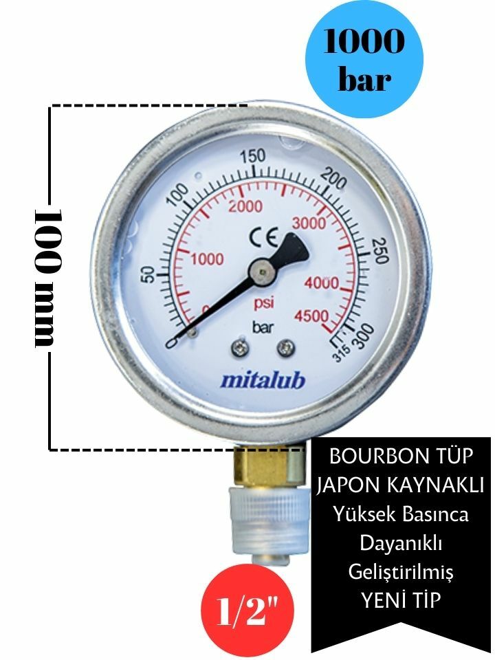 1000 Bar Bourbon Tüp Japon Kaynaklı Alttan Çıkışlı Manometre MIGPJ10000B
