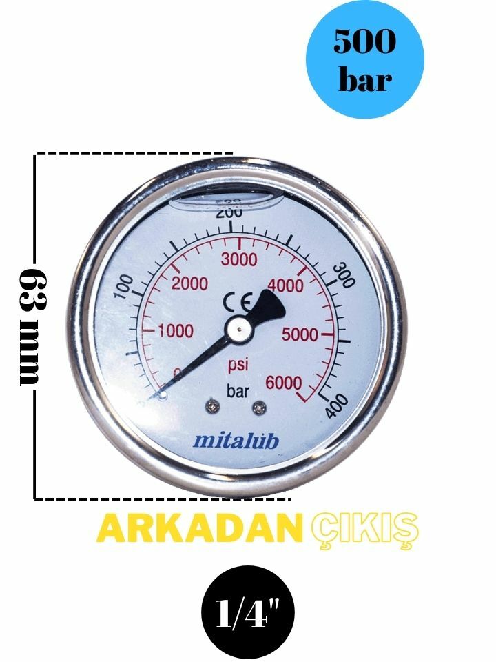 500 Bar Gliserinli Paslanmaz Arkadan Çıkışlı Manometre MIGP63500R
