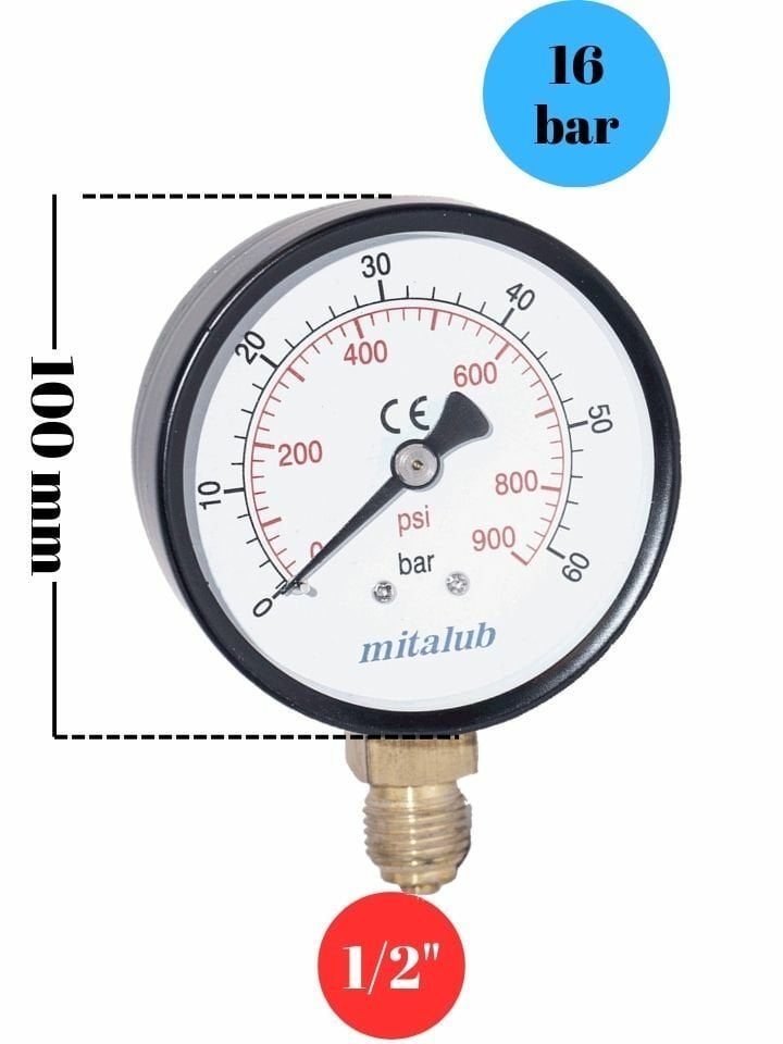 16 Bar Metal Gövde Alttan Çıkışlı Manometre MIM1016MB