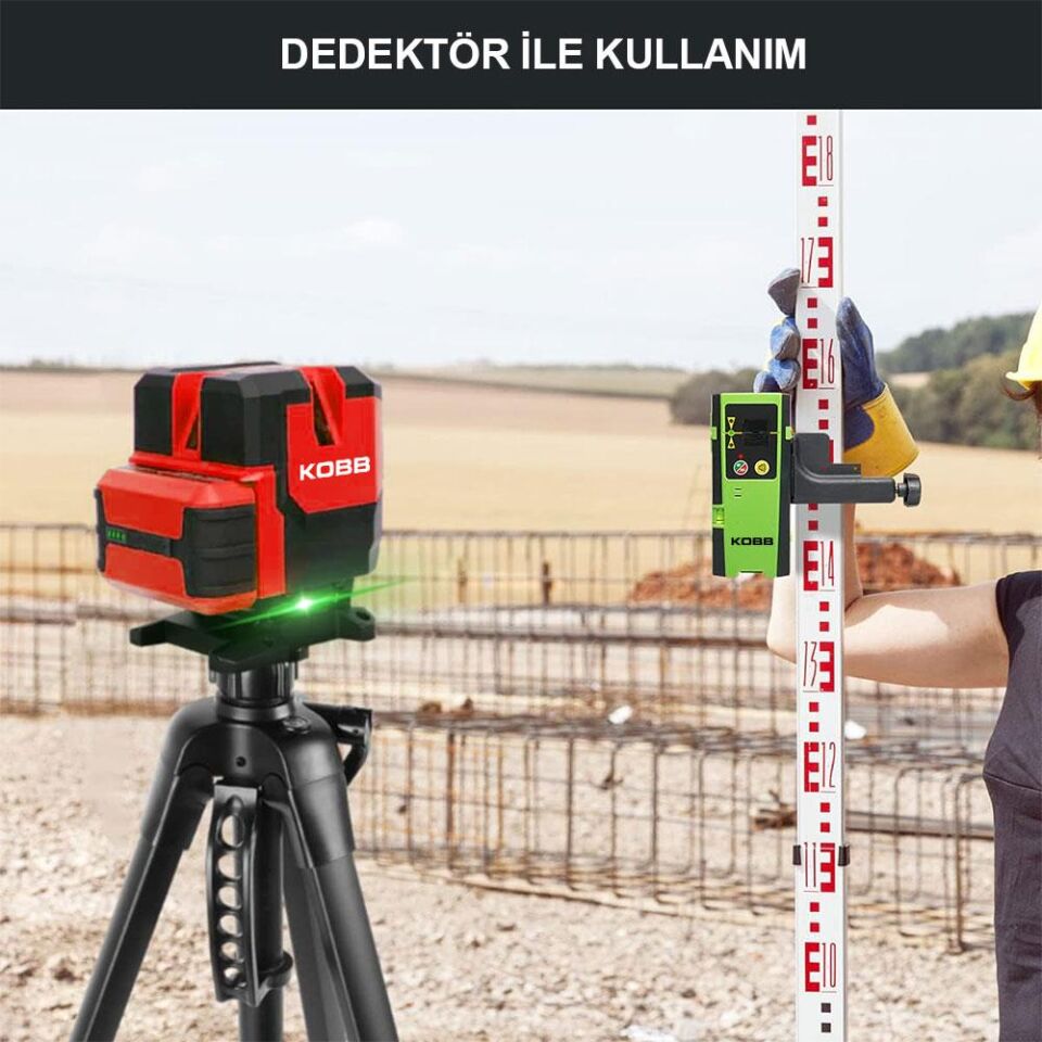 KOBB KBL41GTP 30M 4x90⁰/1x360⁰ Otomatik Hizalamalı Li-ion Çift Akü Profesyonel Yeşil Çizgi Lazer Distomat + Tripod