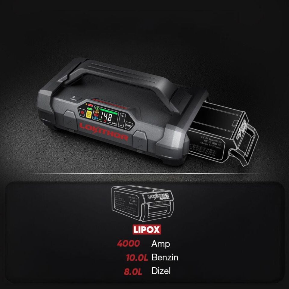 Lokithor APARTX4000 12V 4000Amp Li-Polimer Akıllı Akü Takviye + Pompa + Powerbank + Led Lamba