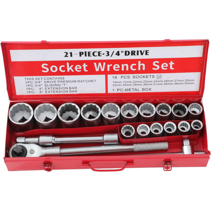 3/4'' Ağır Lokma Takımı 12 Köşeli Yıldız 21 Parça Krom Vanadyum Çelik