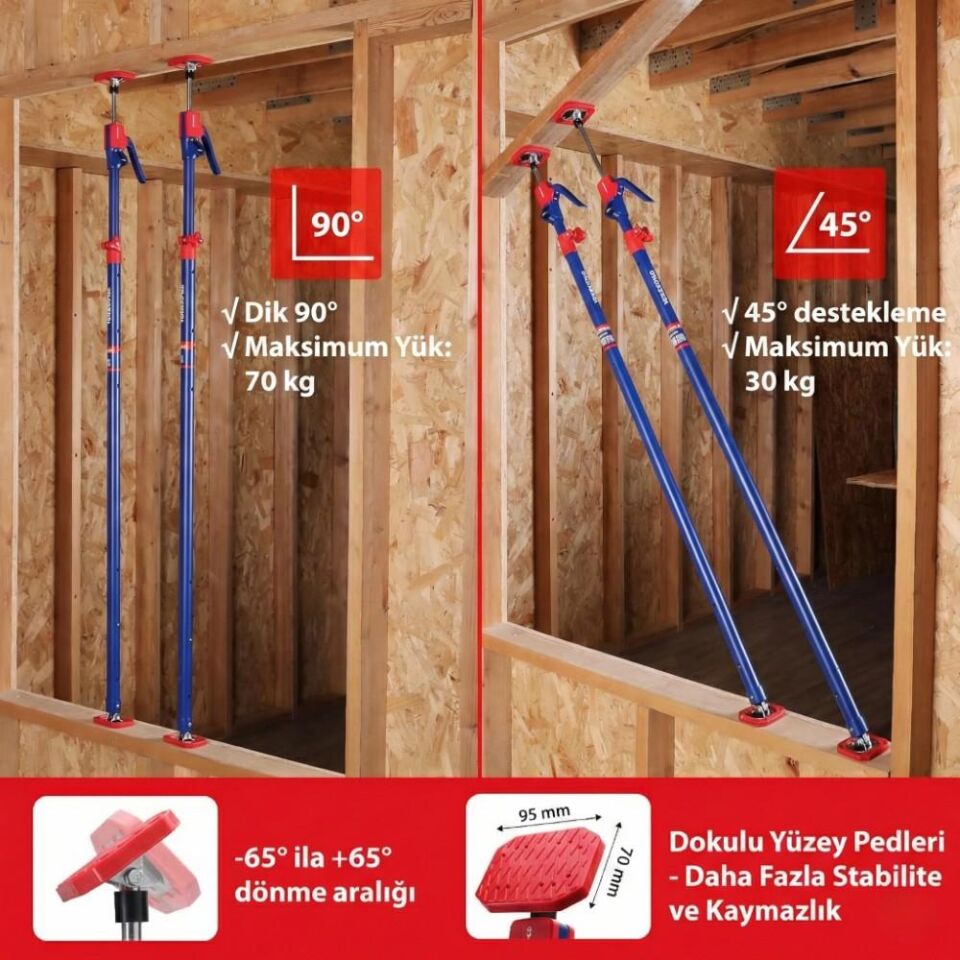 WORKPRO WP289034 137-290cm 70Kg Teleskobik Mandallı Ayarlanabilir 2’Li Çelik Destek Direği + Taşıma Çantası