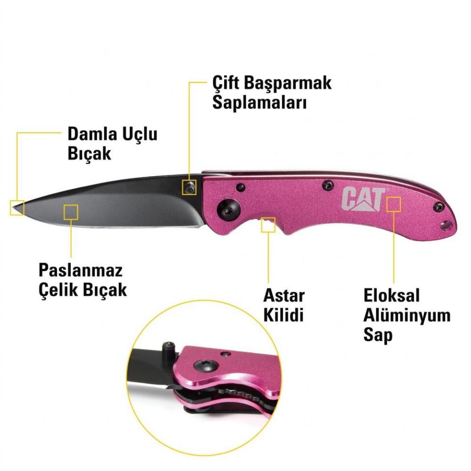 CAT DA980060 Kemer Askı Kancalı Katlanabilir 15CM Paslanmaz Çelik Pembe Kamp Çakısı