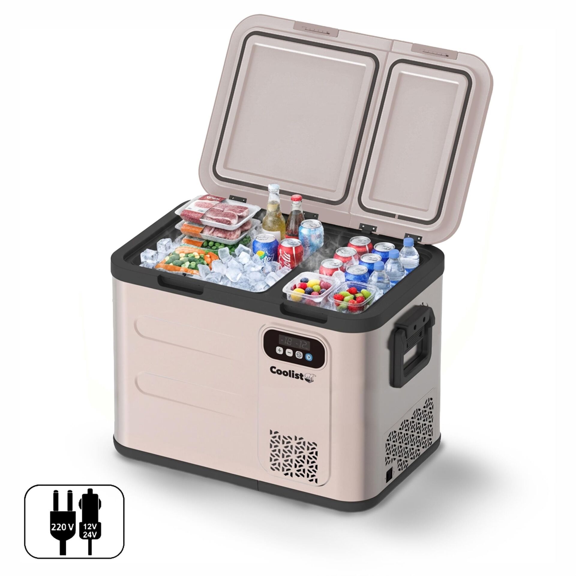 Coolist CLK50D 12/24V/220Volt 49 Litre Çift Bölmeli Outdoor Kompresörlü Bluetooth Bağlantılı Oto Buzdolabı