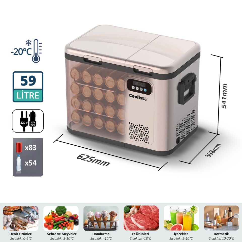 Coolist CLK60D 12/24V/220Volt 59 Litre Çift Bölmeli Outdoor Kompresörlü Bluetooth Bağlantılı Oto Buzdolabı