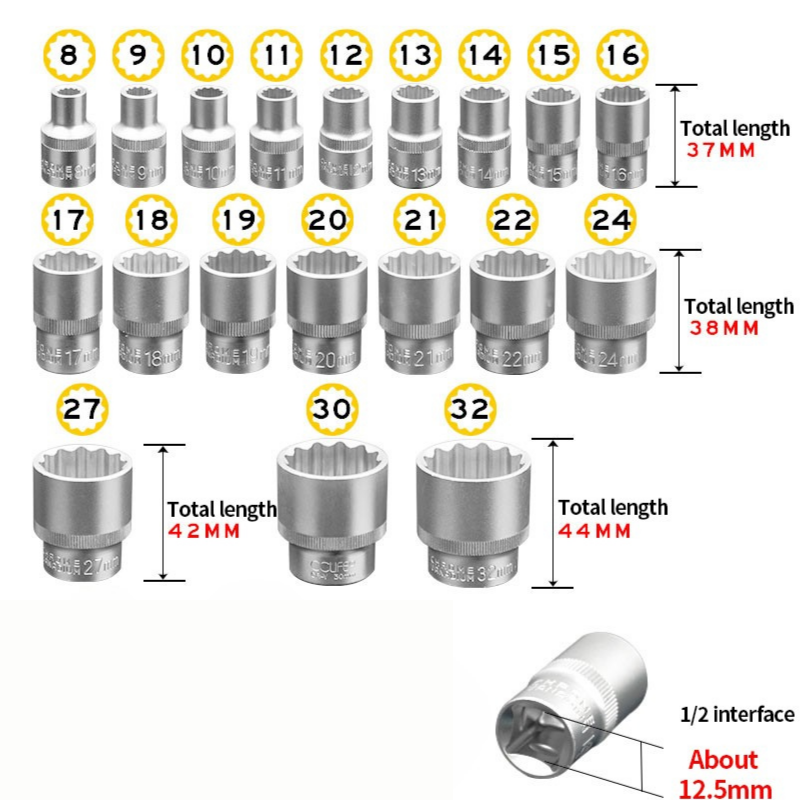 1/2 Yıldız Lokma Takımı 12 Köşeli (8-9-10-11-12-13-14-15-16-17-18-19-20-21-22-24-27-30-32 mm)