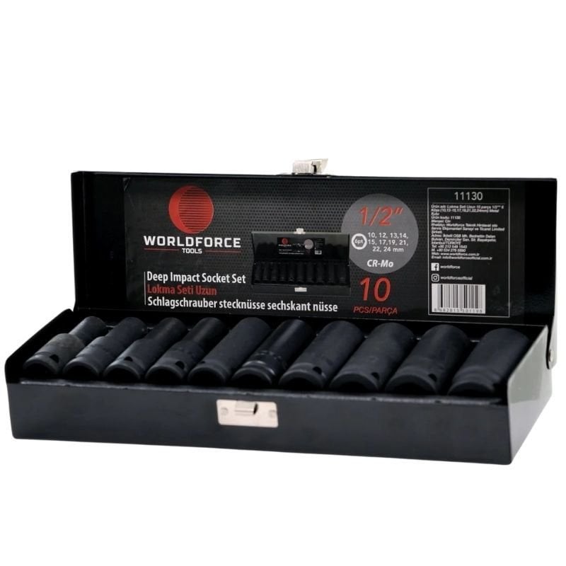 10 parça 1/2'' 6 Köşe Uzun Lokma Seti (10,12- 15, 17, 19, 21, 22, 24 mm) 11130