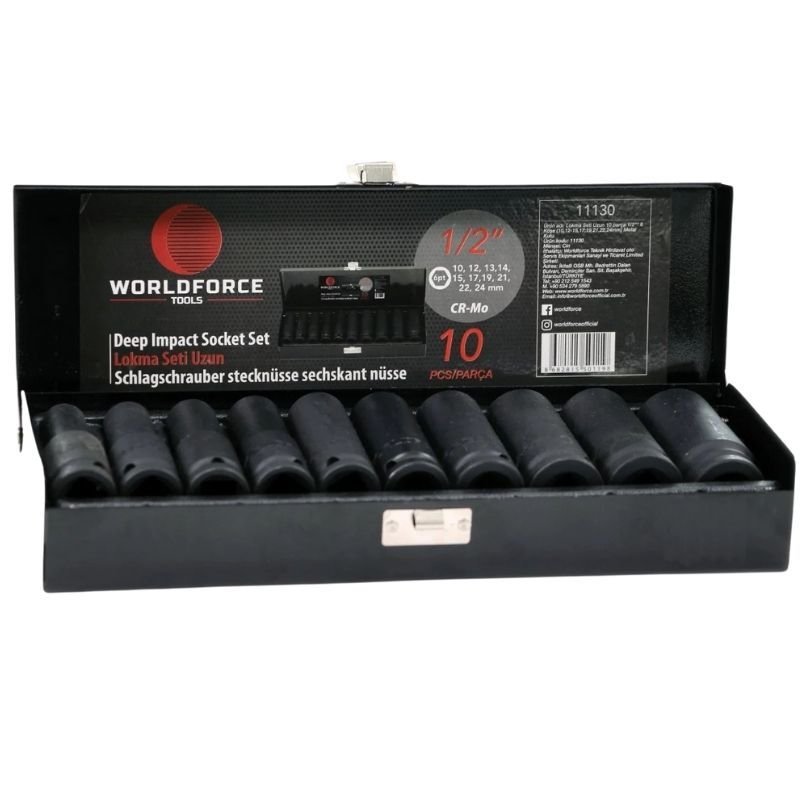 10 parça 1/2'' 6 Köşe Uzun Lokma Seti (10,12- 15, 17, 19, 21, 22, 24 mm) 11130