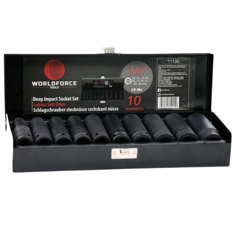 10 parça 1/2'' 6 Köşe Uzun Lokma Seti (10,12- 15, 17, 19, 21, 22, 24 mm) 11130