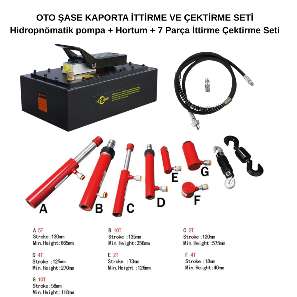 Oto Şase Kaporta İttirme ve Çektirme Seti Hidropnömatik Pompa + Hortum + 7 Parça İttirme Çektirme Seti