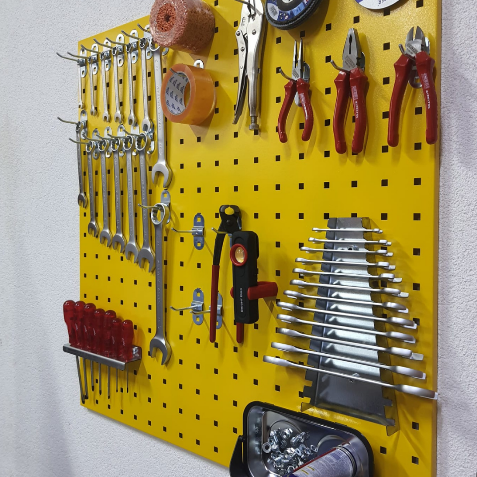 90 cm Metal Askı Panosu ve Kanca + Tornavidalık + Anahtarlık Seti (SARI RENK)