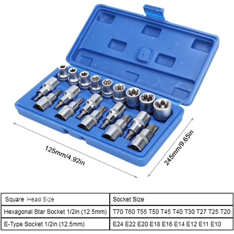 1/2 Torx ve E Lokma Takımı 19 Parça (T20-T25-T27-T30-T40-T45-T50-T55-T60-T70)